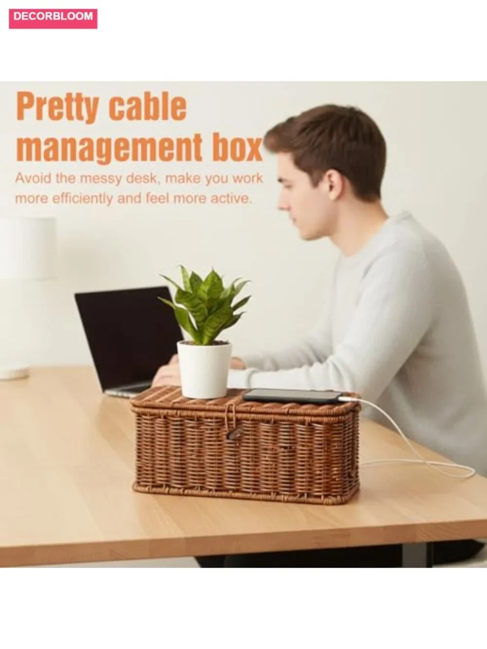 Handmade Rattan Cable Management Box with 2 Slots, Desk Organizer for Home - Picture 4 of 6